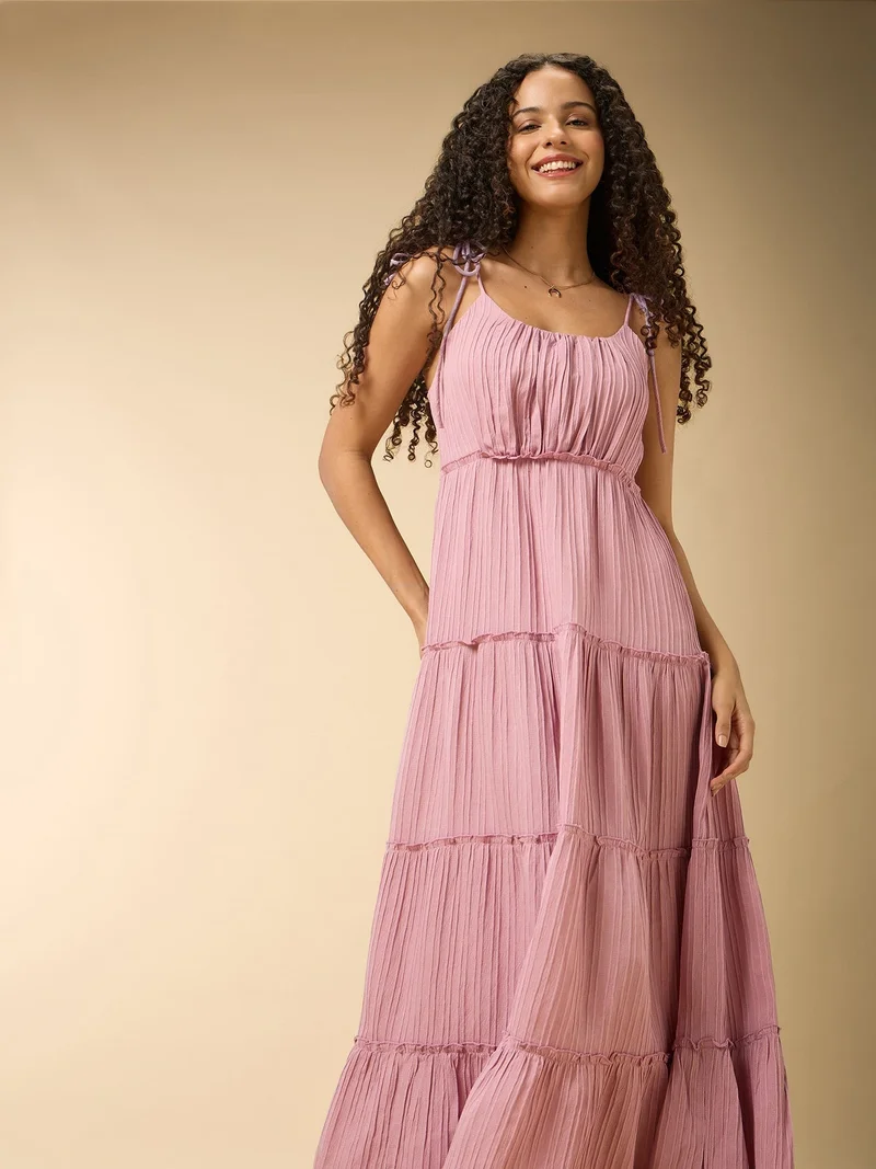 Outzidr  Pink Four Tired Flared Dress for Women | Best Price UAE